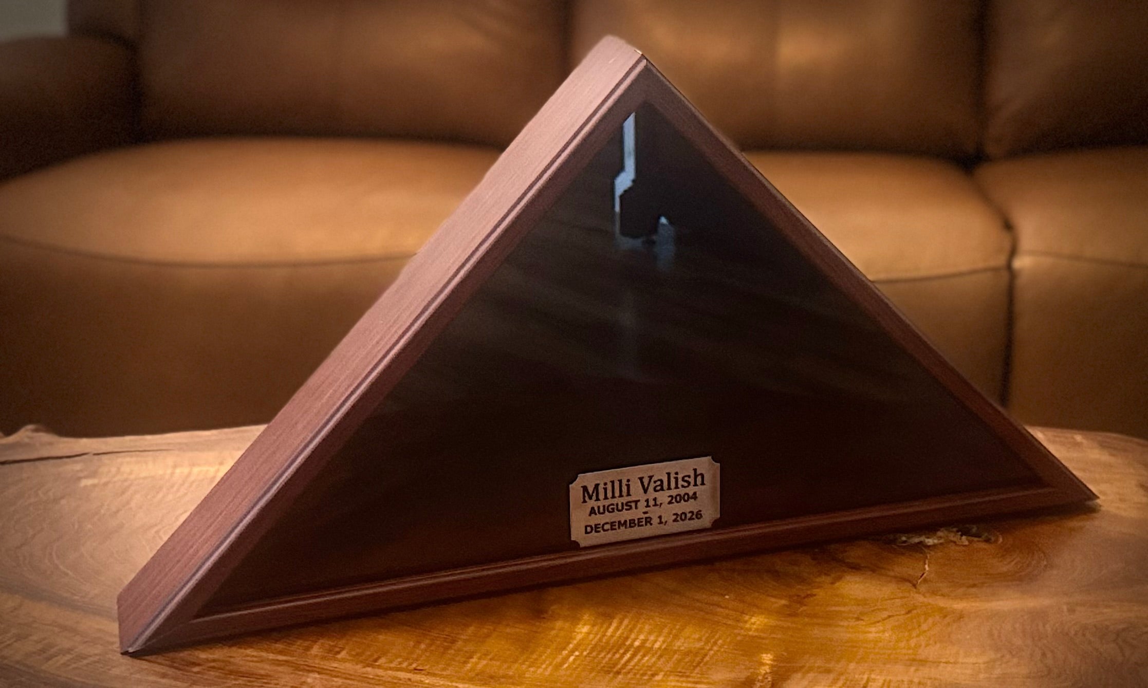 Wooden Triangle US Flag Display with Engraved Plate