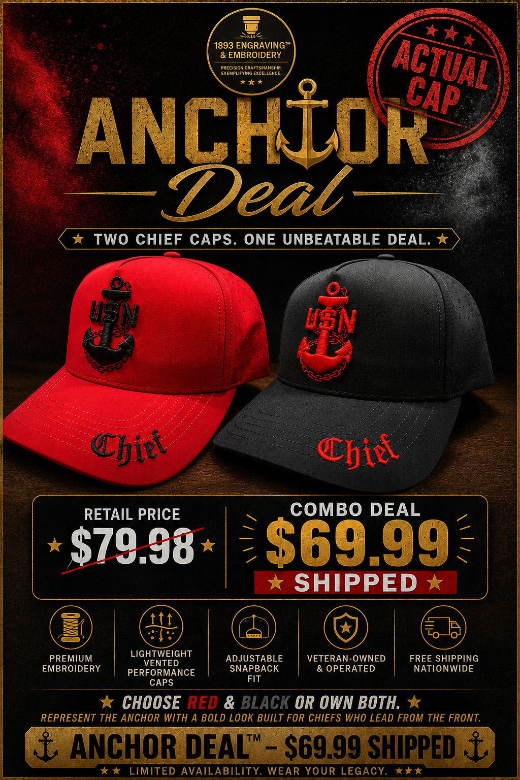 No.00 Premium Mid-Profile Chief Anchor Snapback Vented | Everyday Cap | Embroidered Brim THE ANCHOR package $69.99 | Free Shipping