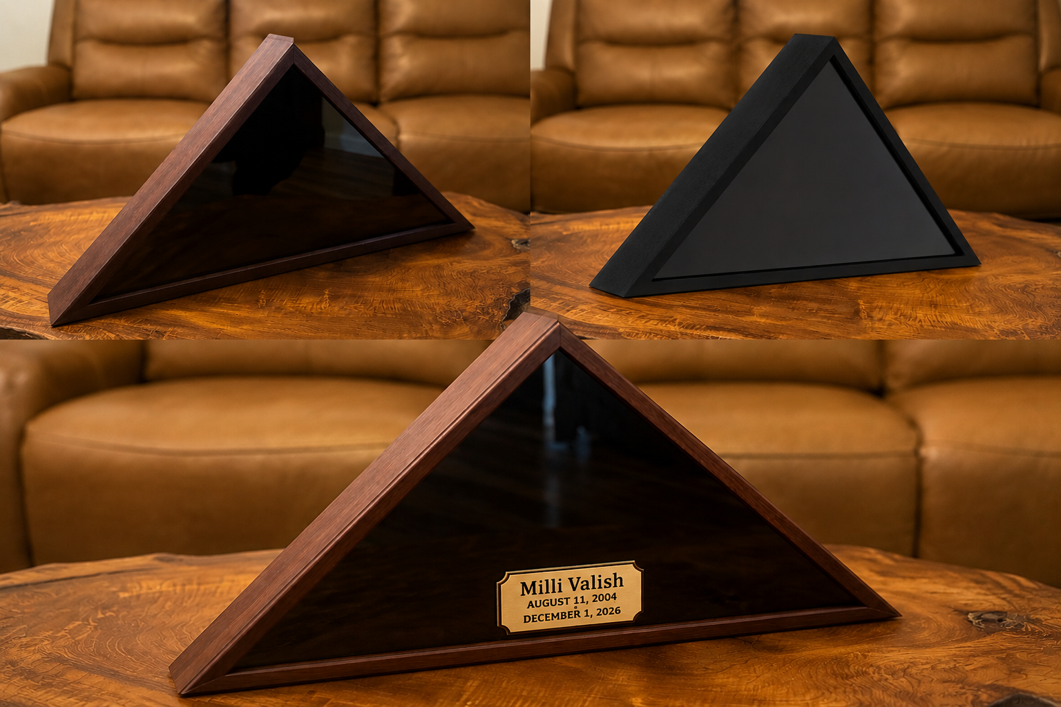 Wooden Triangle US Flag Display with Engraved Plate