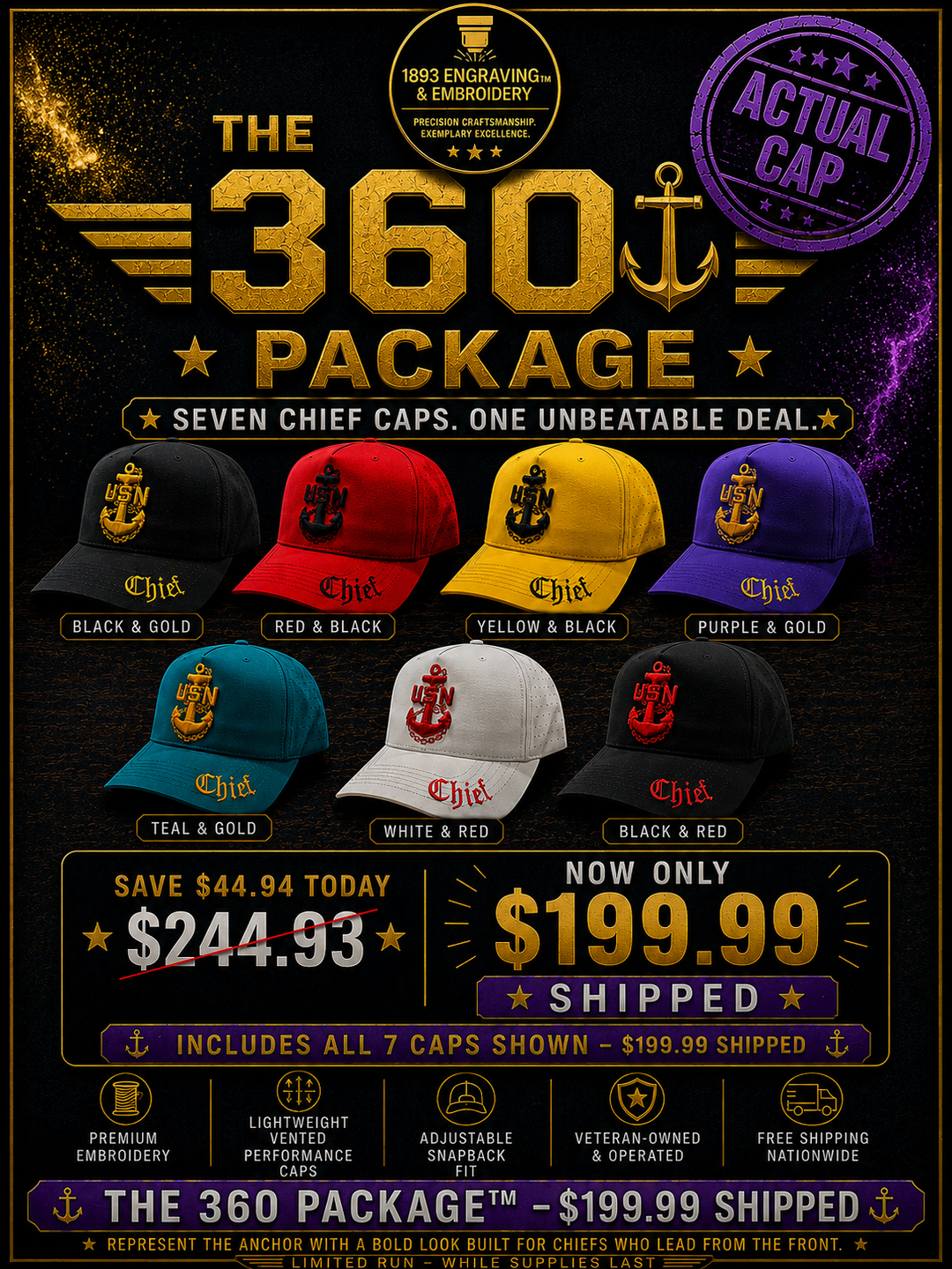 No.762 Premium Mid-Profile Chief Anchor Snapback Vented | Everyday Cap | Embroidered Brim THE 360 SPECIAL package $199.99 | Free Shipping