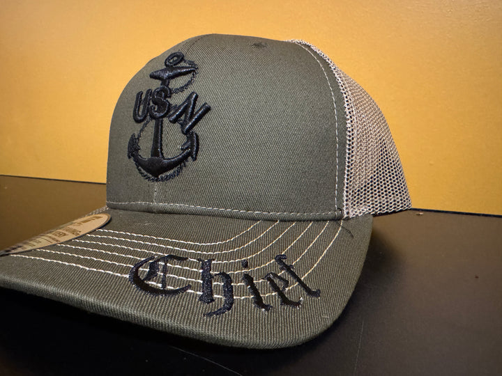 No. 60 Premium Chief Adjustable Snapback Ball Cap w/ Classic Anchor (Trucker) - Green w/ Tan Mesh $29.99