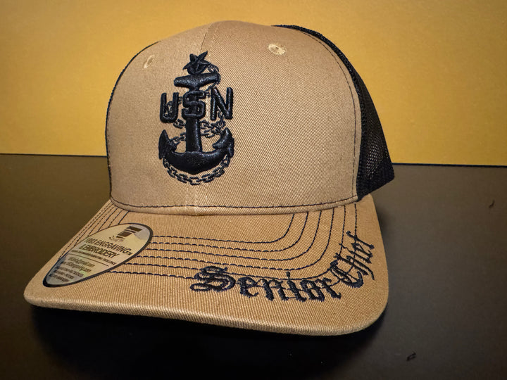 No. 62 Premium Senior Chief Snap-back Ball Cap (Trucker) - Brown w/ Black Mesh $29.99