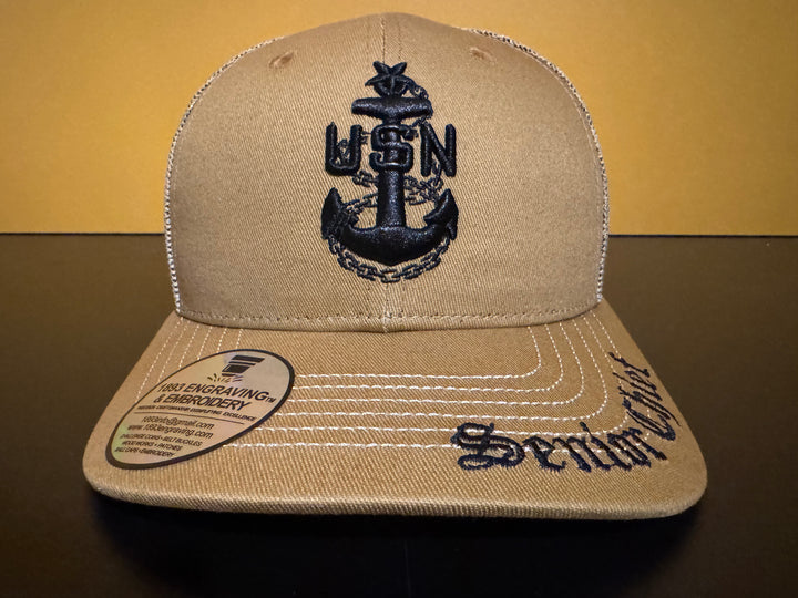 No. 64 Premium Senior Chief Adjustable Snapback Ball Cap (Trucker) - Brown w/ Tan Mesh $29.99