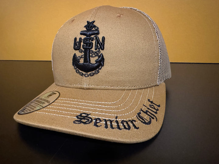 No. 64 Premium Senior Chief Adjustable Snapback Ball Cap (Trucker) - Brown w/ Tan Mesh $29.99