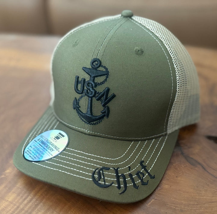 No. 60 Premium Chief Adjustable Snapback Ball Cap w/ Heritage Anchor (Trucker) - Green w/ Tan Mesh $29.99