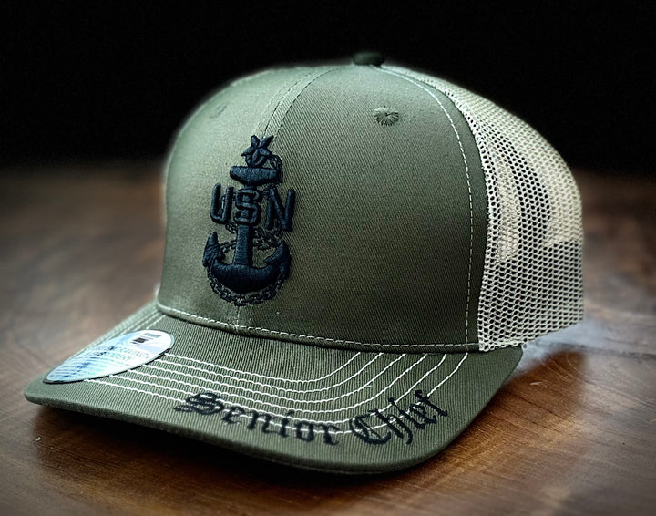 No. 63 Premium Senior Chief Adjustable Snapback Ball Cap (Trucker) - Green w/ Tan Mesh $29.99