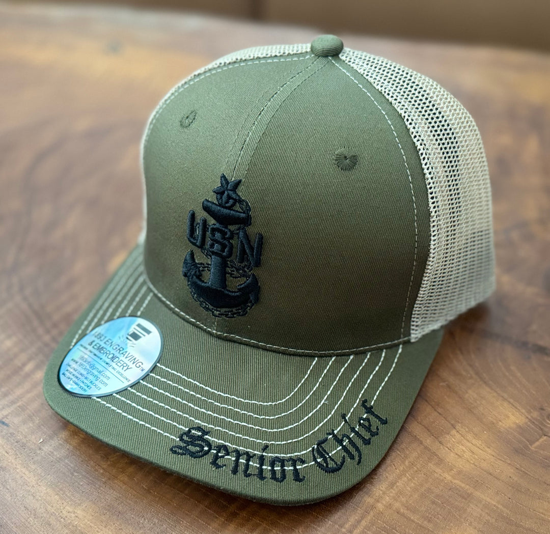 No. 63 Premium Senior Chief Adjustable Snapback Ball Cap (Trucker) - Green w/ Tan Mesh $29.99