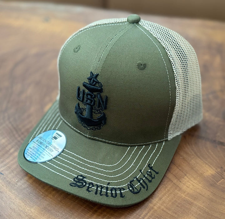 No. 63 Premium Senior Chief Adjustable Snapback Ball Cap (Trucker) - Green w/ Tan Mesh $29.99