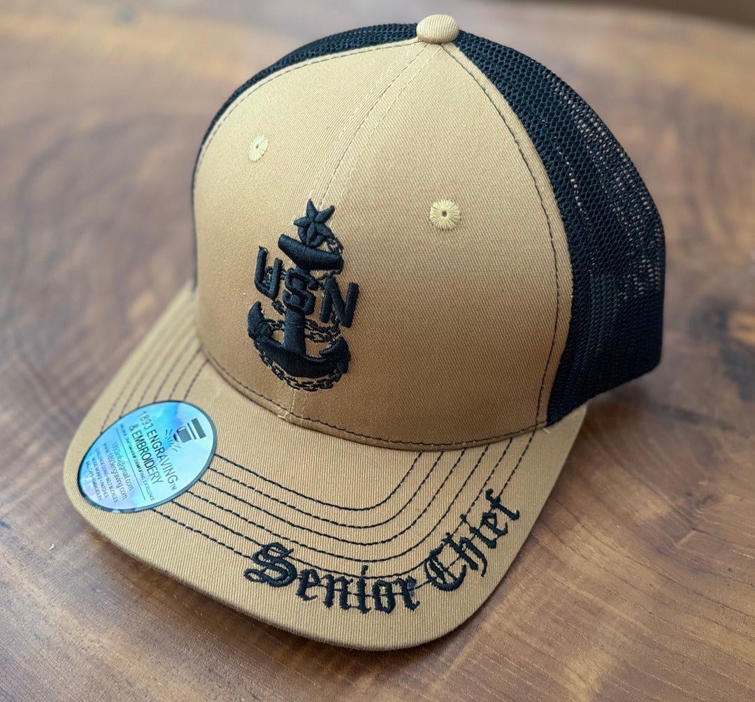 No. 62 Premium Senior Chief Snap-back Ball Cap (Trucker) - Brown w/ Black Mesh $29.99